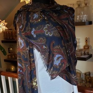 Large Sheer Blue Paisley Shawl With Raw Fringe Edge